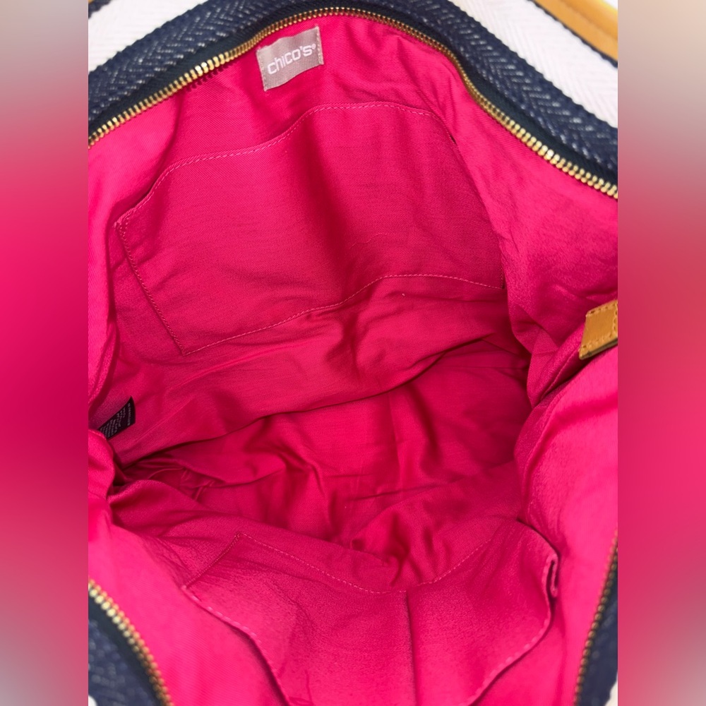 Chico's Striped Vibrant Floral Embroidered Cotton Leather Tote Shoulder Purse - Picture 13 of 14